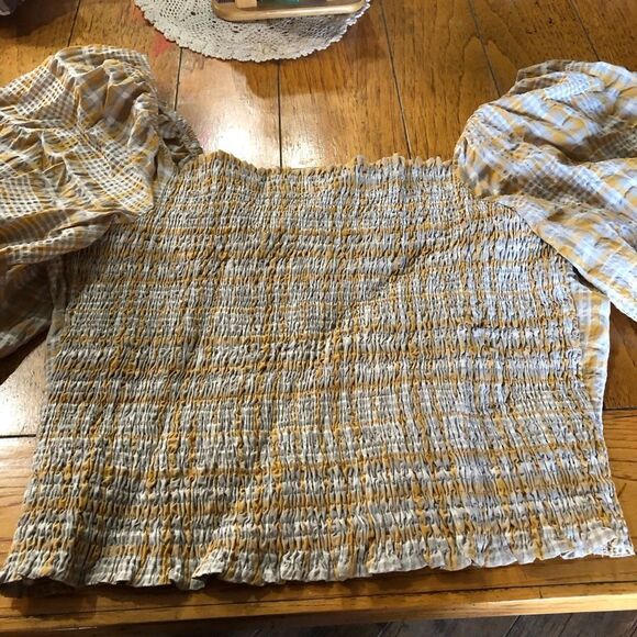 Anthropologie Maeve Yellow Plaid Square Neck Smocked Balloon Sleeve Top - XL - Picture 9 of 11